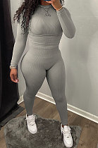 Grey Simplee Pure Color Ribber Screw Thread Long Sleeve Long Pants Sets AD0701-2