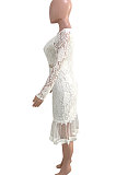 White Euramerican Women Sexy Small V Neck Long Sleeve Lace Fishtail Skirt's Hemline Perspective Mini Dress Q920-1