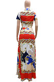 Multicolor Ruffle Skirts Short Sleeve Top Tied Deep V Neck Two-Pieces YF9133-1