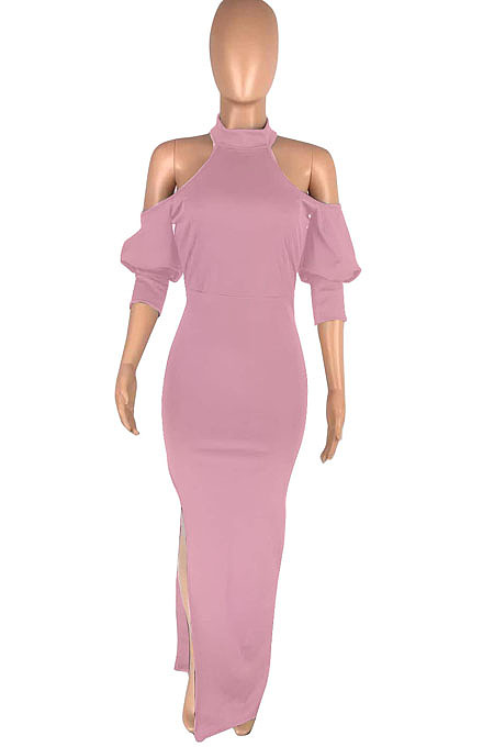Black Night Club High Collar Off Shoulder Puff Sleeve Side Slit Dress LMM6203-3