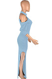 Light Blue Night Club High Collar Off Shoulder Puff Sleeve Side Slit Dress LMM6203-2