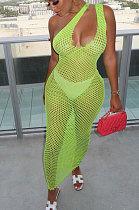 Light Green Hollow Out Sexy Mesh One Shoulder Long Dress Sets With Underwear XT8898-1