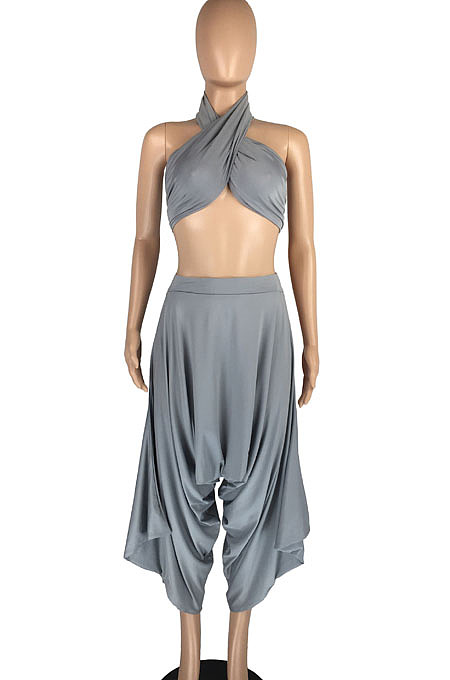 Grey Strapless Bandage Halter Neck Irregularity Flared Pants Two Piece LMM8259-2