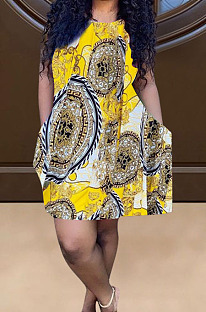 Gold Yellow Positioning Print Cute Round Neck Sleeveless Loose Dress F88374-1