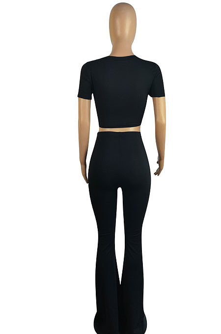 Black Round Neck Short Sleeve Micro Flared Pants Pure Color Casual Sets E8608-1
