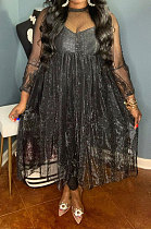 Black Pure Color Lace Mesh Spaghetti High Waist Long Sleeve Midi Dress YF9127-3