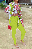 Royal Blue Summer Print Lapel Neck Short Sleeve Shirt Slit Long Pants Two Piece YMT6217-3