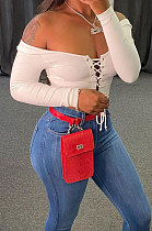 White Autumn Winter Women  Screw Thread Pure Color Long Sleeve T Shirts AD0702-1