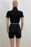 Dark Green Pure Color Turn-Down Collar Zipper Short Sleeve Crop Top Shorts Two Piece YX9285-7