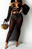 Wine Red Sexy Mesh Pure Color Mid Waist Long Sleeve Halter Neck Long Dress YF9107-3