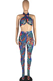 Blue Perspective Mesh Print Strapless Bandage Regular Leggings Sets Variety Style LMM8267-1