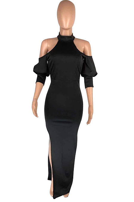 Black Night Club High Collar Off Shoulder Puff Sleeve Side Slit Dress LMM6203-3