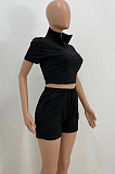 Black Pure Color Turn-Down Collar Zipper Short Sleeve Crop Top Shorts Two Piece YX9285-2