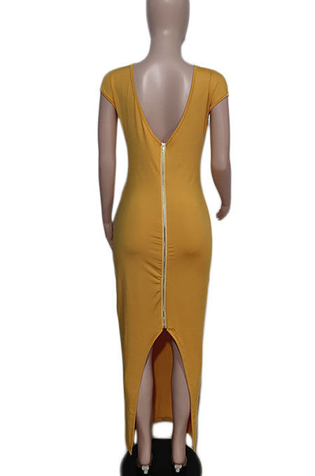 Orange Women Sexy Pure Color V Neck Back Zipper Split Long Dress XT8897-1