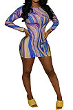Orange Yellow Euramerican Women Autumn Wave Printing Tight Sexy Long Sleeve Mini Dress Q927-3
