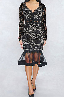 Black Euramerican Women Sexy Small V Neck Long Sleeve Lace Fishtail Skirt's Hemline Perspective Mini Dress Q920-2