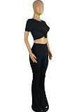 White Round Neck Short Sleeve Micro Flared Pants Pure Color Casual Sets E8608-2