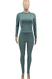 Khaki Simplee Pure Color Ribber Screw Thread Long Sleeve Long Pants Sets AD0701-4