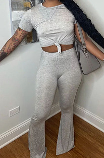 Grey Round Neck Short Sleeve Micro Flared Pants Pure Color Casual Sets E8608-3