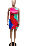 Gold Yellow Positioning Print Cute Round Neck Sleeveless Loose Dress F88374-1