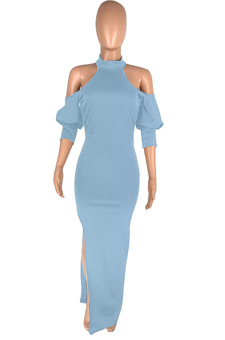 Black Night Club High Collar Off Shoulder Puff Sleeve Side Slit Dress LMM6203-3