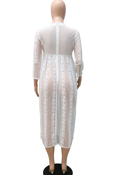 Pink Pure Color Lace Mesh Spaghetti High Waist Long Sleeve Midi Dress YF9127-2