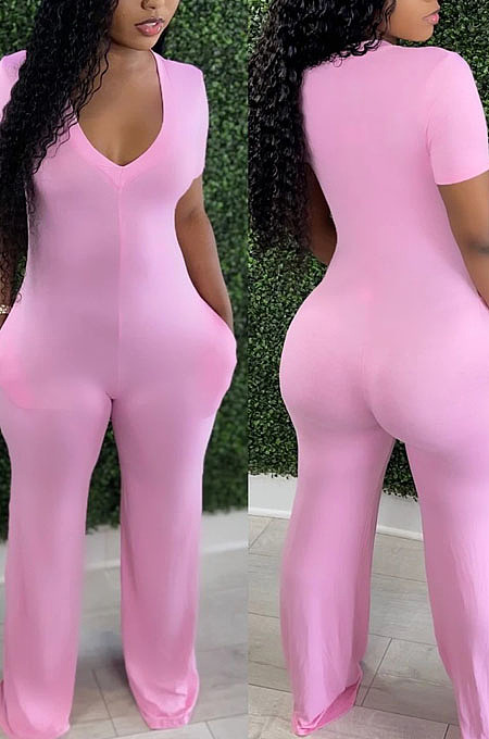 Pink Red Deep V Neck Loose Short Sleeve Pure Color Wide Leg Jumpsuits F88372-3