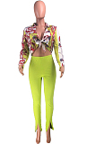 Rose Red Summer Print Lapel Neck Short Sleeve Shirt Slit Long Pants Two Piece YMT6217-1