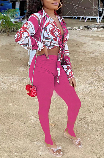 Rose Red Summer Print Lapel Neck Short Sleeve Shirt Slit Long Pants Two Piece YMT6217-1