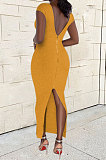 Black Women Sexy Pure Color V Neck Back Zipper Split Long Dress XT8897-3
