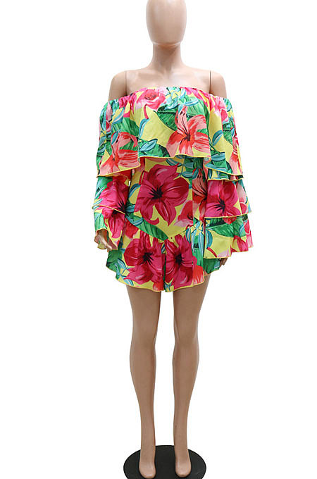 Yellow Ruffle Strapless Off Shoulder Mid Waist Romper Shorts YF9143-1