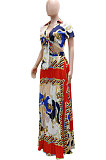Multicolor Ruffle Skirts Short Sleeve Top Tied Deep V Neck Two-Pieces YF9133-1