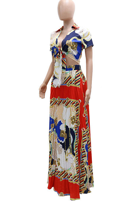 Multicolor Ruffle Skirts Short Sleeve Top Tied Deep V Neck Two-Pieces YF9133-1