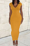 Black Women Sexy Pure Color V Neck Back Zipper Split Long Dress XT8897-3