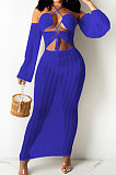 Black Sexy Mesh Pure Color Mid Waist Long Sleeve Halter Neck Long Dress YF9107-1