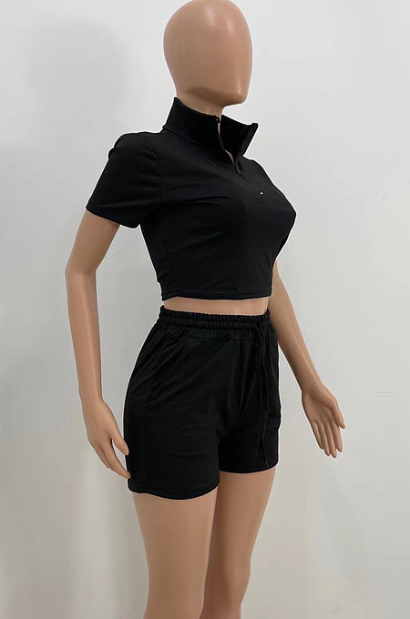Dark Green Pure Color Turn-Down Collar Zipper Short Sleeve Crop Top Shorts Two Piece YX9285-7