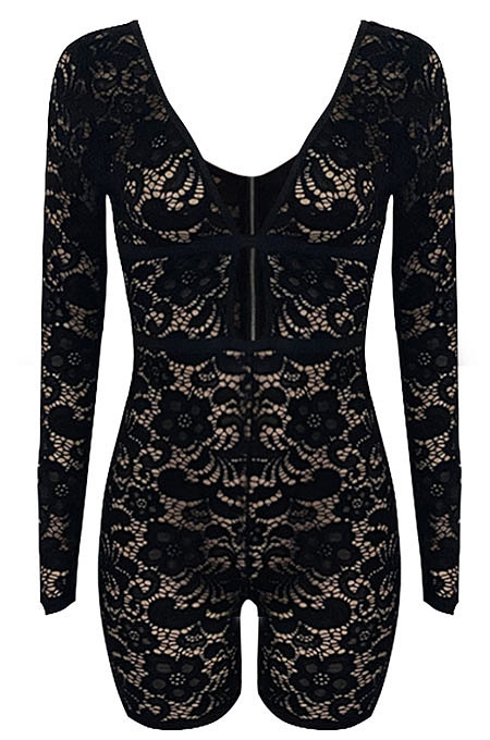 Apricot Club Sexy Hollow Out Lace Long Sleeve Deep V Neck Mid Waist Romper Shorts Q915-2