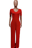 Red Deep V Neck Loose Short Sleeve Pure Color Wide Leg Jumpsuits F88372-1
