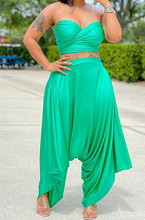 Green Strapless Bandage Halter Neck Irregularity Flared Pants Two Piece LMM8259-3