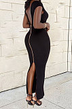 Orange Women Sexy Pure Color V Neck Back Zipper Split Long Dress XT8897-1