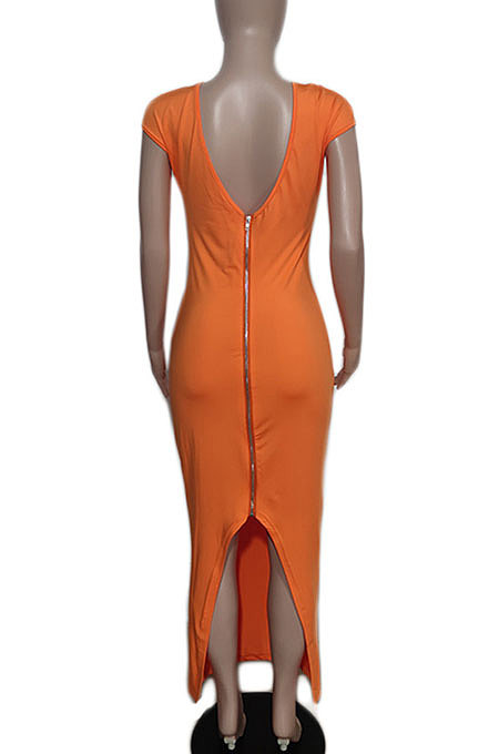 Orange Women Sexy Pure Color V Neck Back Zipper Split Long Dress XT8897-1