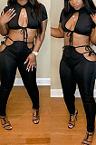 Black Night Club Round Neck Hollow Out Short Sleeve Dew Waist Long Pants Two Piece L0354-1