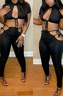 Black Night Club Round Neck Hollow Out Short Sleeve Dew Waist Long Pants Two Piece L0354-1