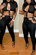 Black Night Club Round Neck Hollow Out Short Sleeve Dew Waist Long Pants Two Piece L0354-1