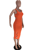 Orange Red U Collar Sleeveless Bakcless Bandage Hollow Out Tank Dress LMM8263