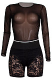 Neon Green Women Sexy Lace Casual Shorts Mesh Top Two-Pieces Q908-3