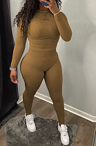 Khaki Simplee Pure Color Ribber Screw Thread Long Sleeve Long Pants Sets AD0701-4
