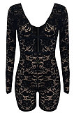Rose Red Club Sexy Hollow Out Lace Long Sleeve Deep V Neck Mid Waist Romper Shorts Q915-3