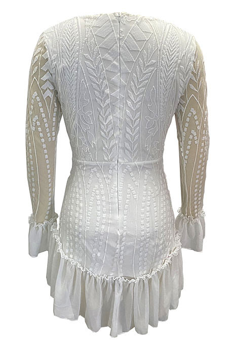 White Autumn Winter Lace Sexy Ruffle Sleeve Trendy Mini Dress Q5030