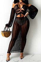 Black Sexy Mesh Pure Color Mid Waist Long Sleeve Halter Neck Long Dress YF9107-1